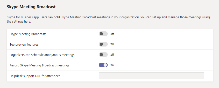 Screenshot of Skype Meeting Broadcast settings in the admin center.