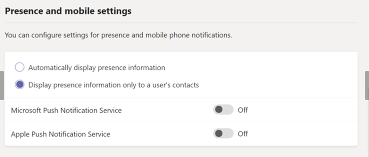 Screenshot of presence settings in the admin center.