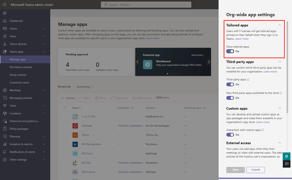 Screenshot of the Show tailored apps setting on the Manage apps page of the Teams admin center
