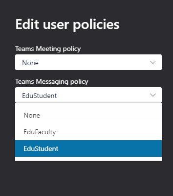 Screenshot of the Edit user policies pane.