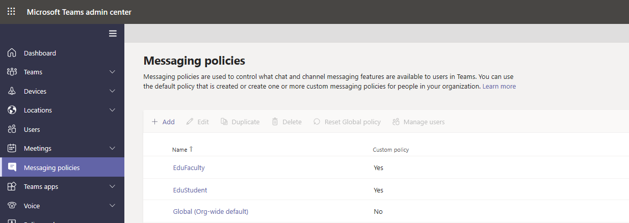 Screenshot of the Messaging policies page.