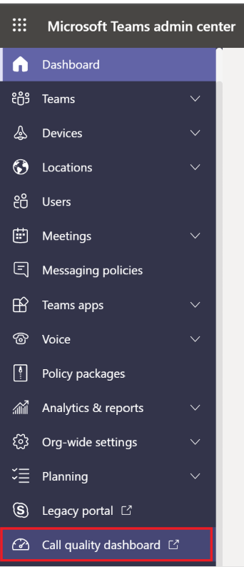Screenshot of the Call quality dashboard button in Teams admin center.