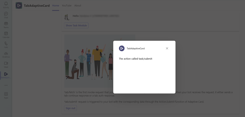 Screenshot of Microsoft Teams displaying the AdaptiveCard task/submit request triggered.