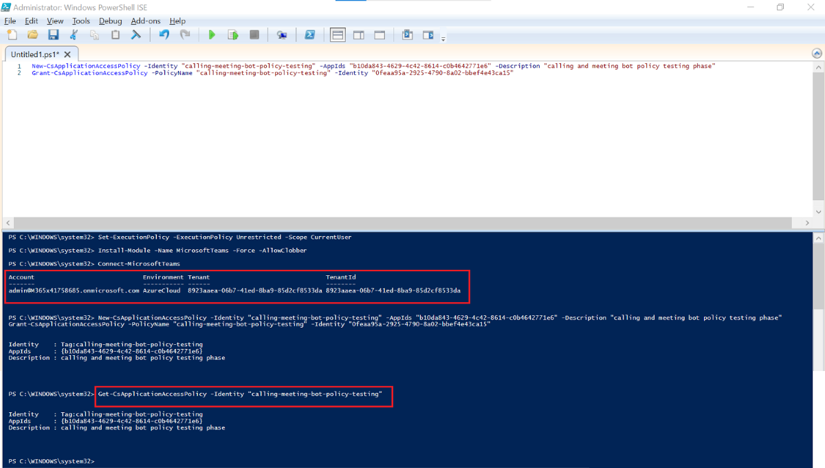 Screenshot of Windows PowerShell ISE with Account details highlighted in red.