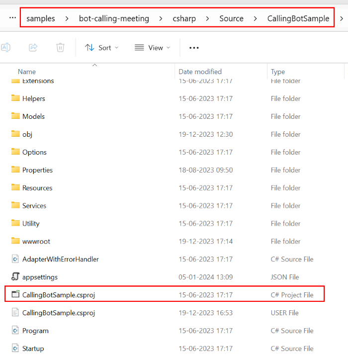 Screenshot shows the location project solution file in file explorer.
