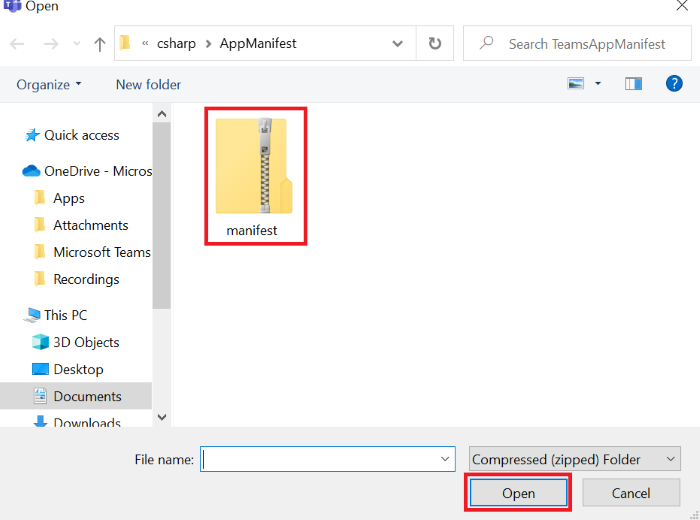 Screenshot shows the location of the manifest zip file in file explorer.