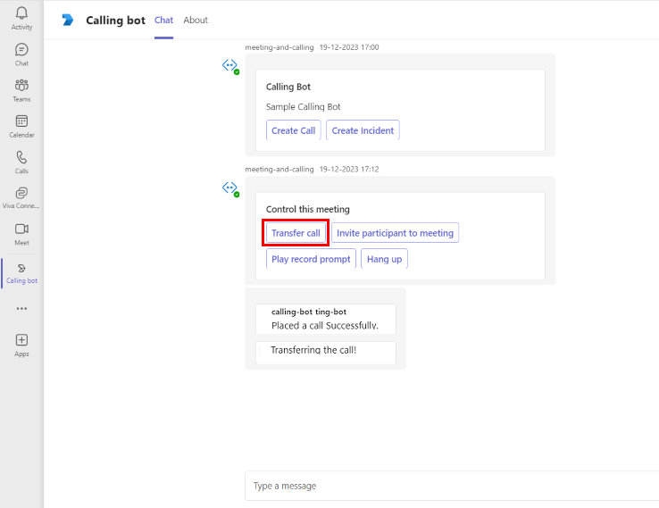 Screenshot of Microsoft Teams Calling bot with Transfer Call highlighted in red.
