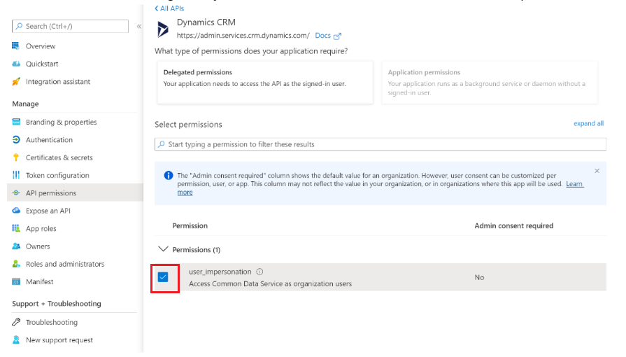 Screenshot shows how to enable the checkbox user_impersonation.
