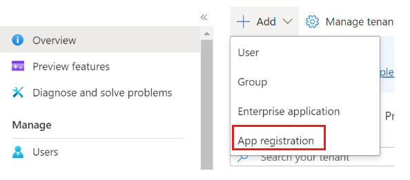 Screenshot shows how to add new app registration.