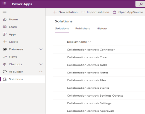 Screenshot shows solutions tab to view all solutions collaboration control.