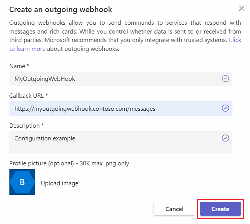 Screenshot shows the create button in the create an outgoing webhook window.