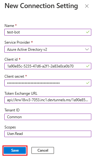 Screenshot shows the values added to set OAuth connection.