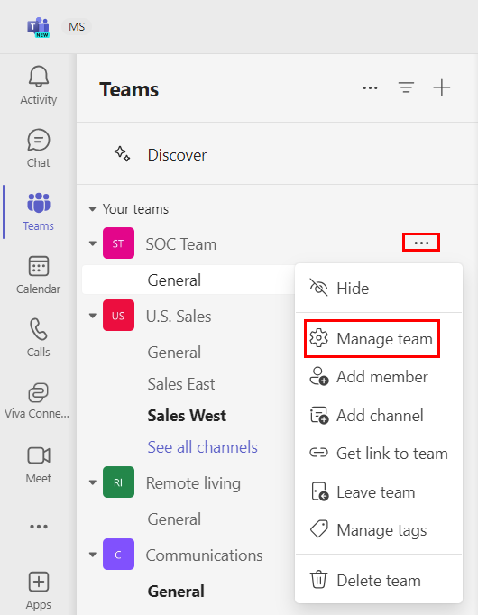 Screenshot shows the manage Teams option in a Teams channel.
