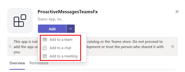 Screenshot shows the option to add bot to Teams.