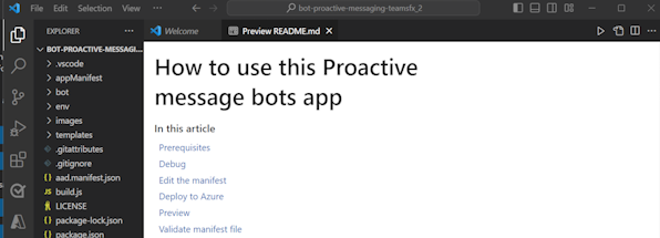 Screenshot shows the proactive message bot created.