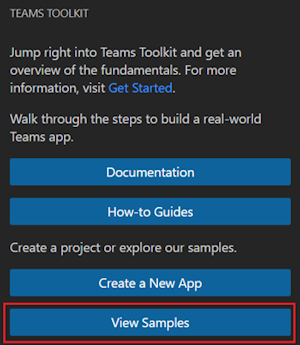 Screenshot shows the View Samples option in Visual Studio Activity Bar.