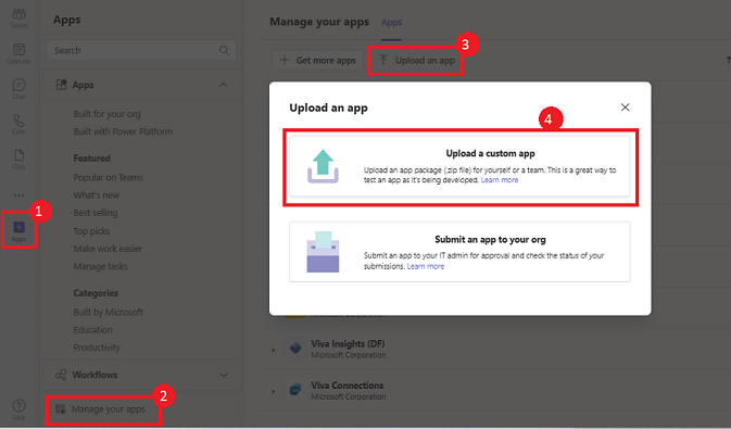 Illustration shows the option to upload a custom app in Teams.