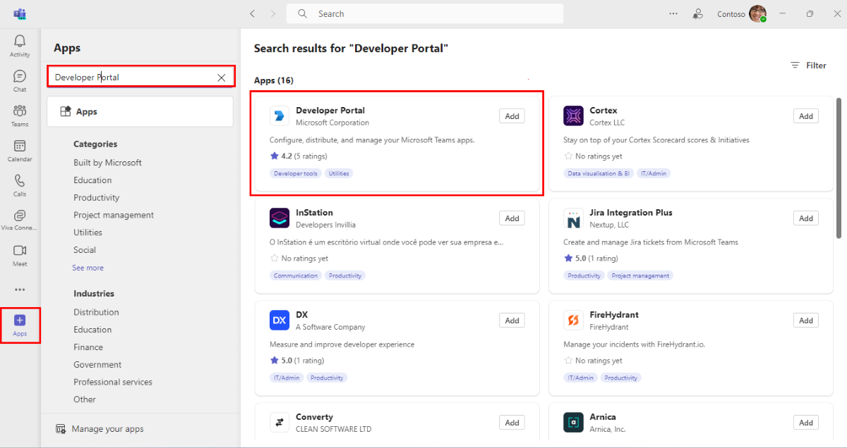 Screenshot shows how to add Developer Portal apps in Teams client.