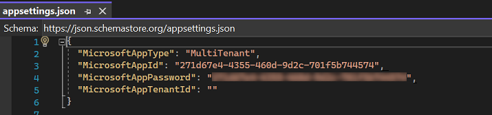 Screenshot shows the details filled app settings file in Visual Studio.