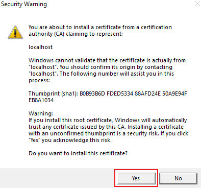 Screenshot shows the security warning certificate to accept.