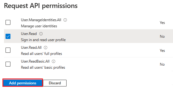 Screenshot show the option to select permissions.