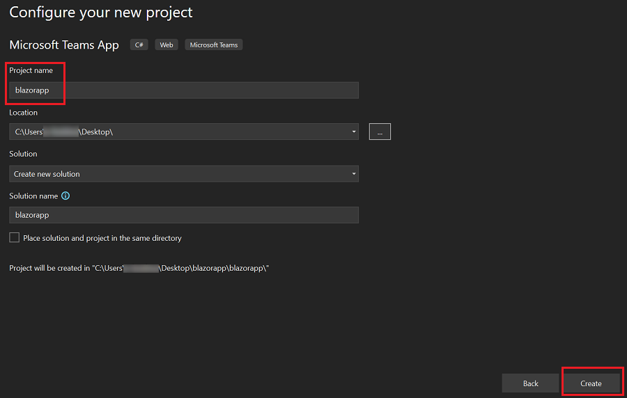 Screenshot shows to configure your new project with Create option.