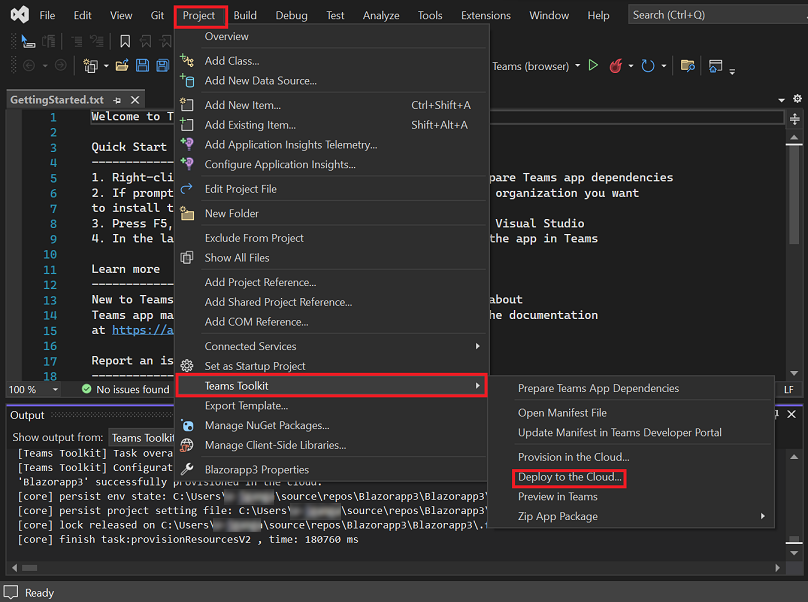 Screenshot of Visual Studio with Project, Teams Toolkit, and Deploy to the Cloud options highlighted in red.