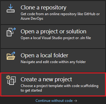 Screenshot shows the Visual Studio with Create a new project option.