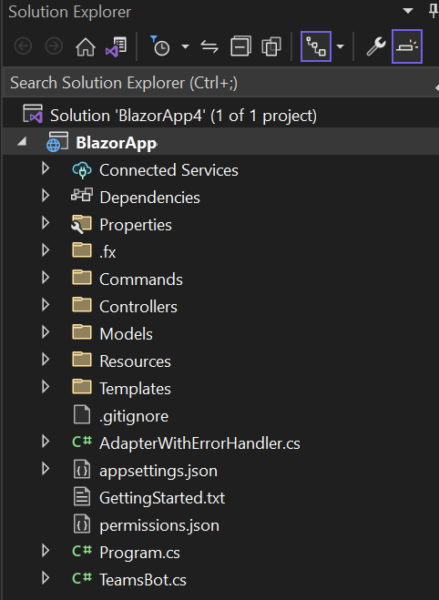 Screenshot of Solution Explorer with BlazorApp highlighted.