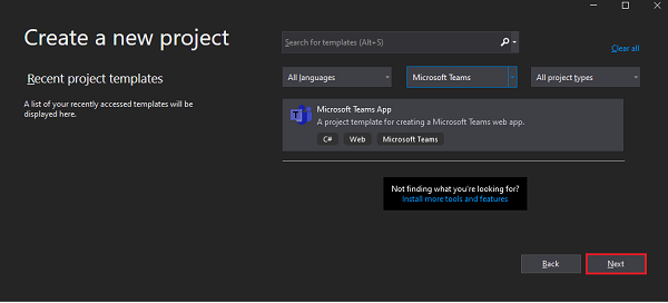 Screenshot shows Create a new project with Next option.