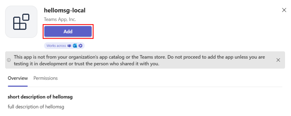 Screenshot shows the option to add the custom app in Teams.