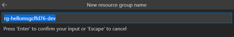 Screenshot shows the default name of the new Azure resource group.