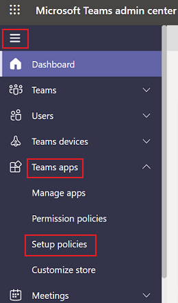 Screenshot shows the Setup policies under Teams apps in Microsoft 365 Admin center.