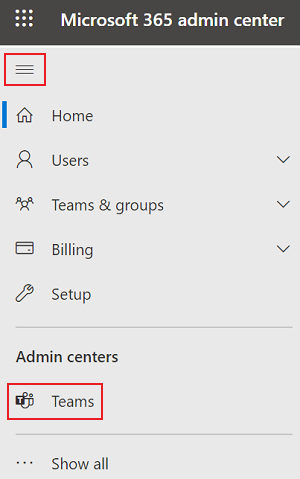 Screenshot shows the Teams client in the left pane of Microsoft 365 Admin center.