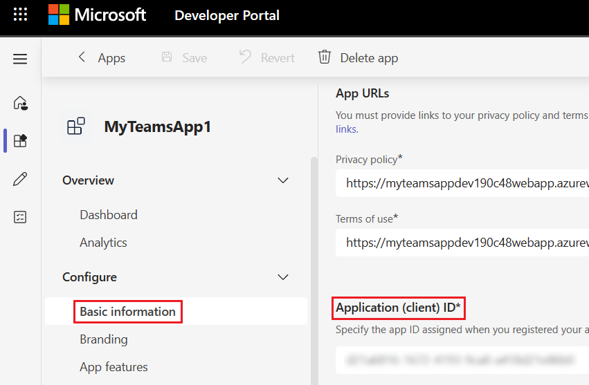 Screenshot shows basic information of the app in teams developer portal.