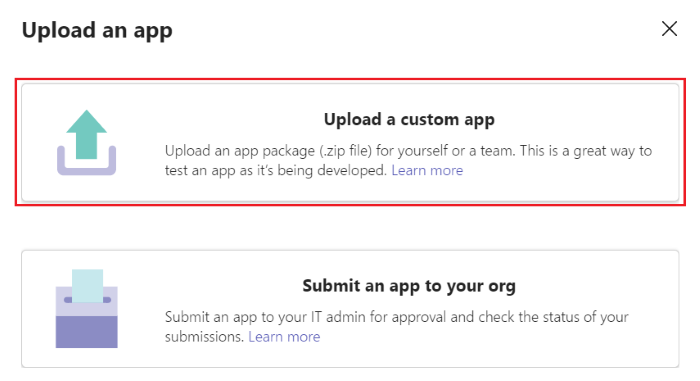 Screenshot shows the option to upload a custom app in Teams.