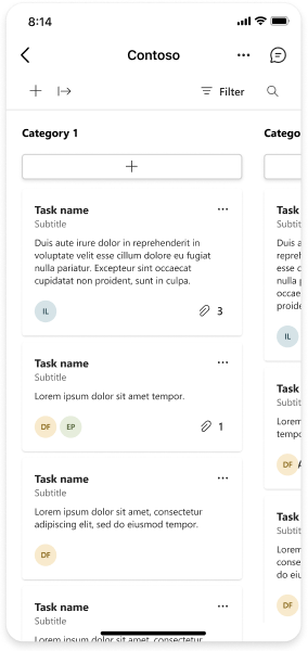 Example shows a task board UI template on mobile.