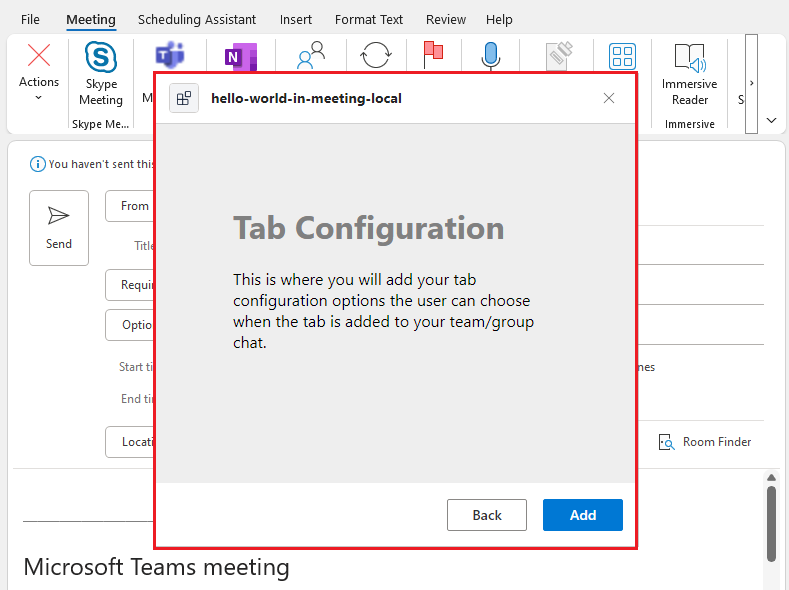 Meeting app configuration page showing from Outlook meeting scheduler