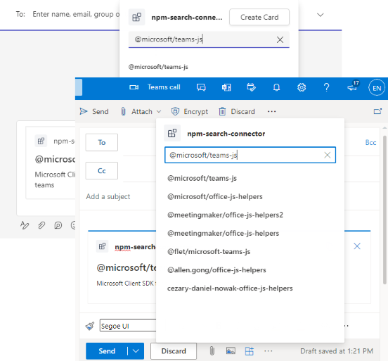 The screenshot is an example that shows Message extension running in Outlook and Teams.