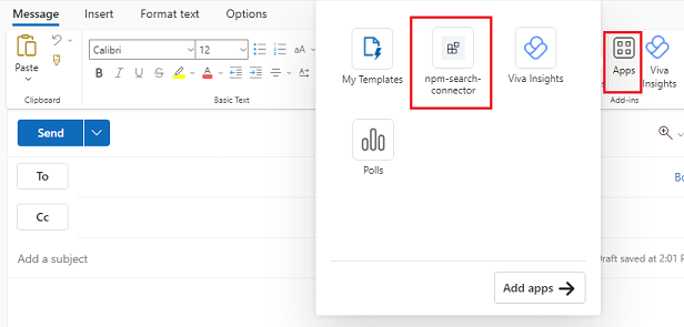 'More apps' option in the Outlook compose message pane