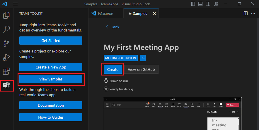 My First Meeting App sample in Teams Toolkit