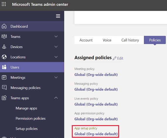 Screenshot of Microsoft Teams admin center windows. Assigned polices under Polices tab are listed.