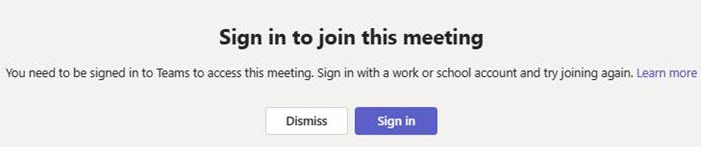 Screenshot of the Sign in to join this meeting message when external participants try to join a Teams meeting.