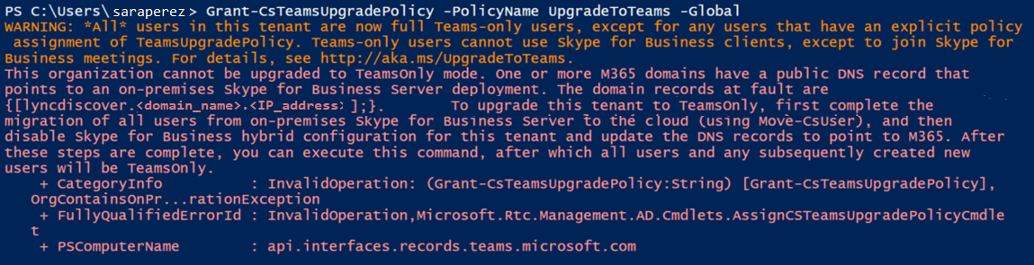 Screenshot that shows the PowerShell error when switching to Teams Only mode.