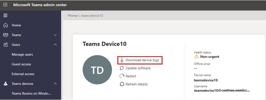 Screenshot of the Teams device field. The feature that's named Download device logs is highlighted.