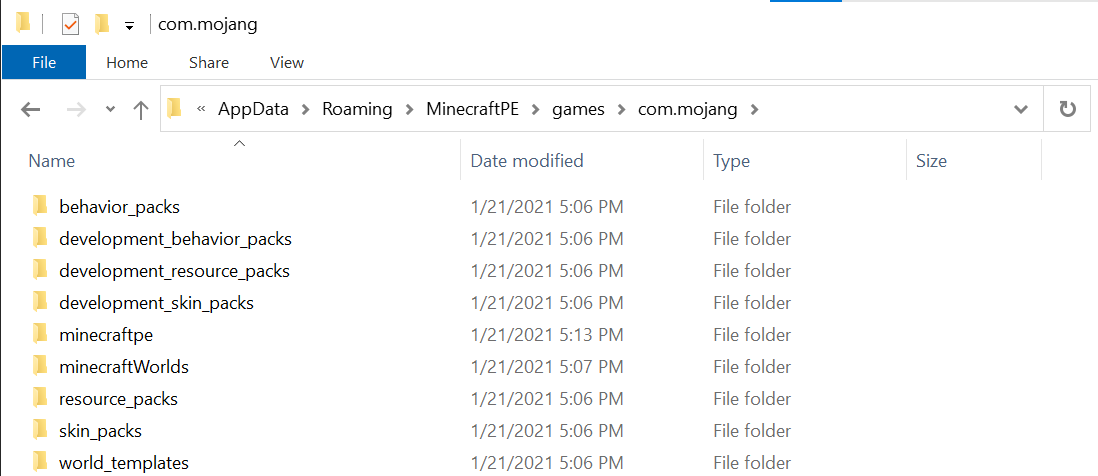 Image of com.mojang on a Windows Explorer environment.
