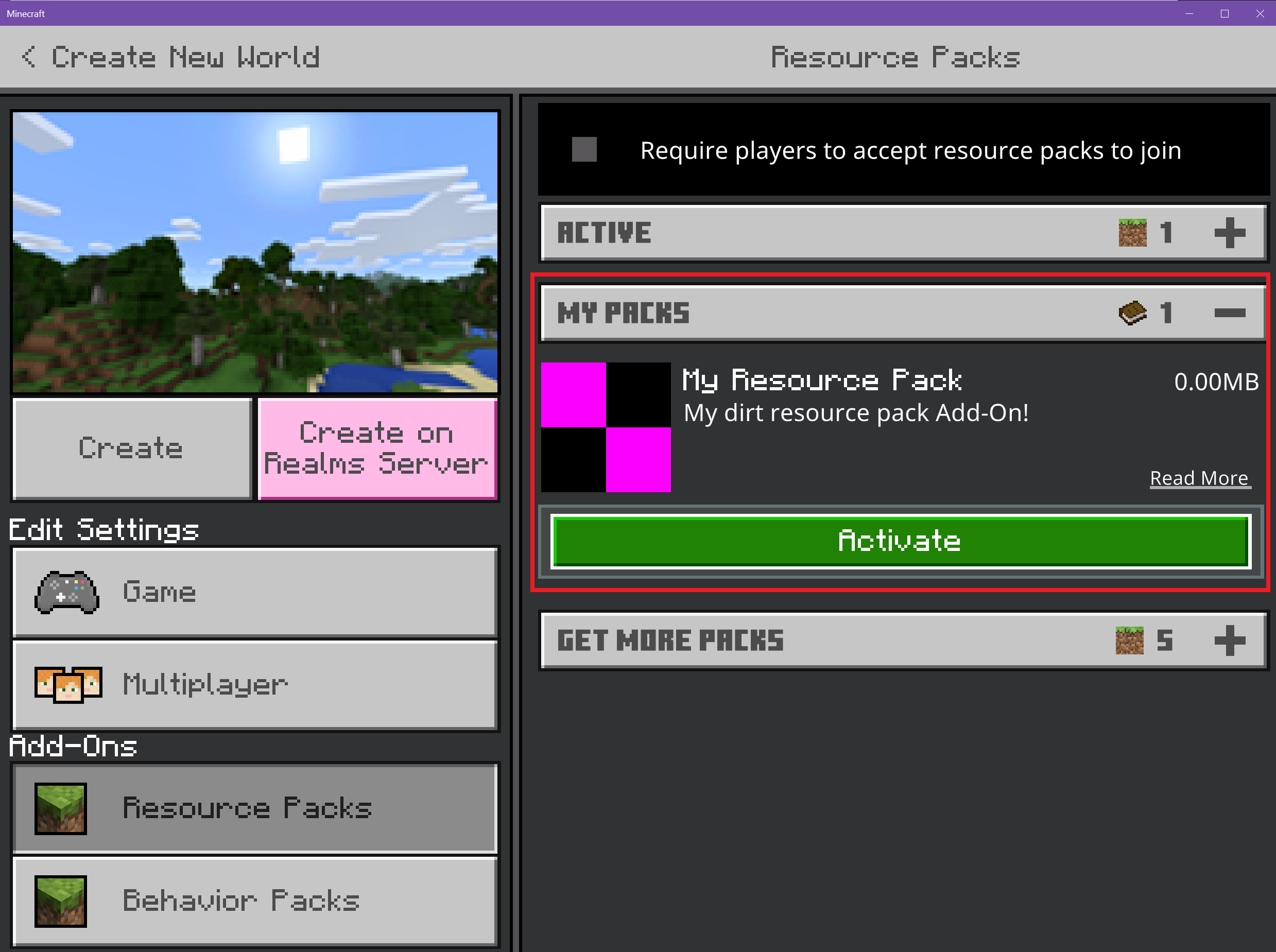 Image of Minecraft's Settings page with the Add-On menu selected for resource packs. There is a red rectangle outlining My Resource Pack and the Activate button.