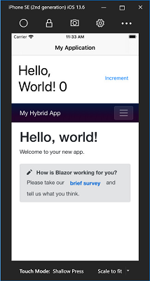 Hello World hybrid app running in the iOS Simulator