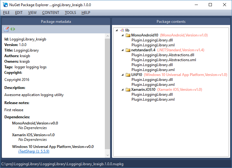 NuGet Package Explorer showing the LoggingLibrary package