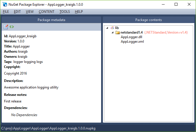 NuGet Package Explorer showing the AppLogger package